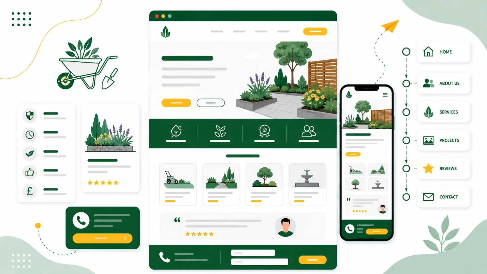 Illustration of a modern website for a landscape gardening business.